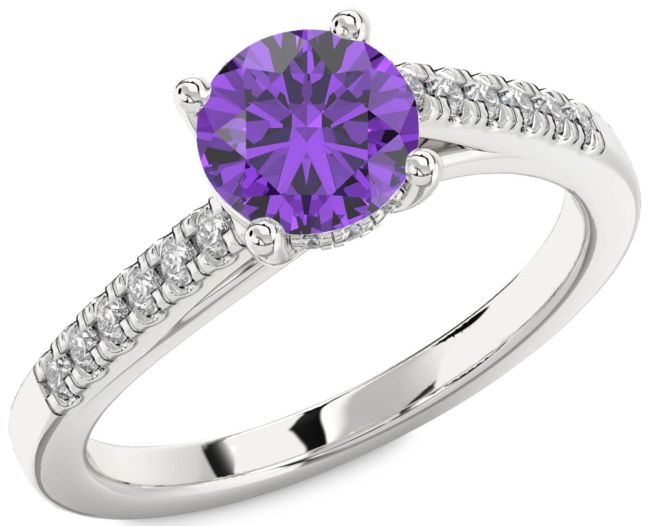 Diamond Amethyst Silver Round Solitaire Engagement Ring