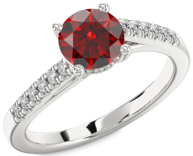 Diamond Garnet Silver Round Solitaire Engagement Ring