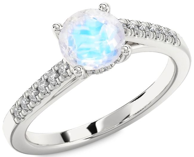 Diamond Moonstone Silver Round Solitaire Engagement Ring