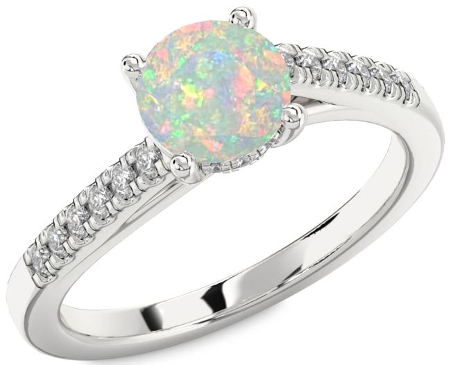 Diamond Opal Silver Round Solitaire Engagement Ring