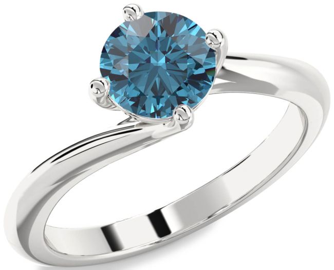 Blue Diamond Silver Round Solitaire Engagement Ring