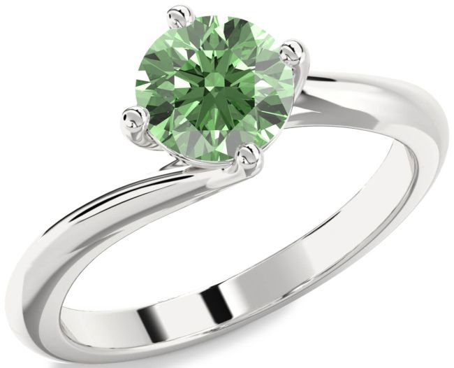 Green Diamond Silver Round Solitaire Engagement Ring