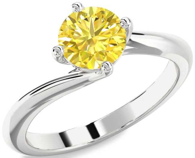 Yellow Diamond Silver Round Solitaire Engagement Ring
