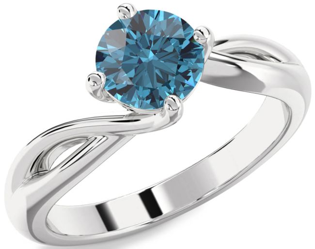 Blue Diamond Silver Round Solitaire Engagement Ring
