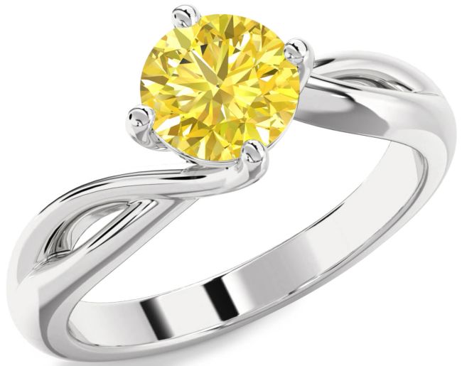 Yellow Diamond Silver Round Solitaire Engagement Ring