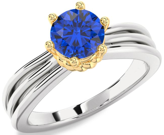 Blue Sapphire White Yellow Gold Round Solitaire Engagement Ring