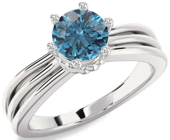 Blue Diamond Silver Round Solitaire Engagement Ring