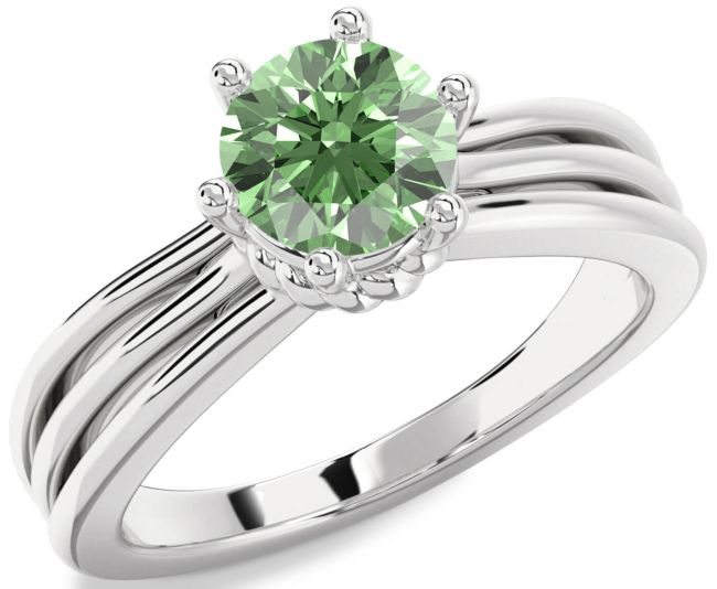 Green Diamond Silver Round Solitaire Engagement Ring