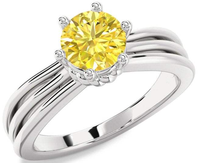 Yellow Diamond Silver Round Solitaire Engagement Ring