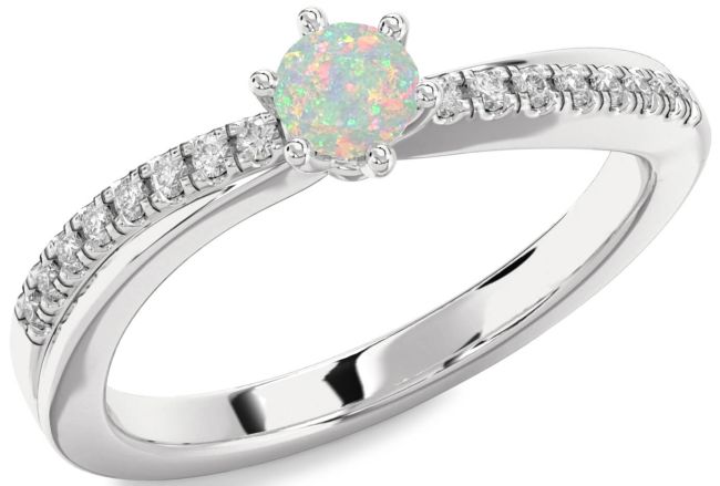 Diamond Opal Silver Round Promise Ring