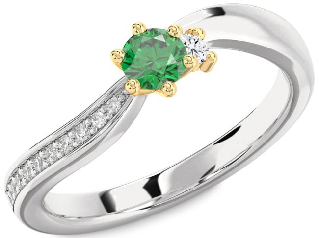 Diamond Emerald Silver & 10K gold Round Pave Promise Ring
