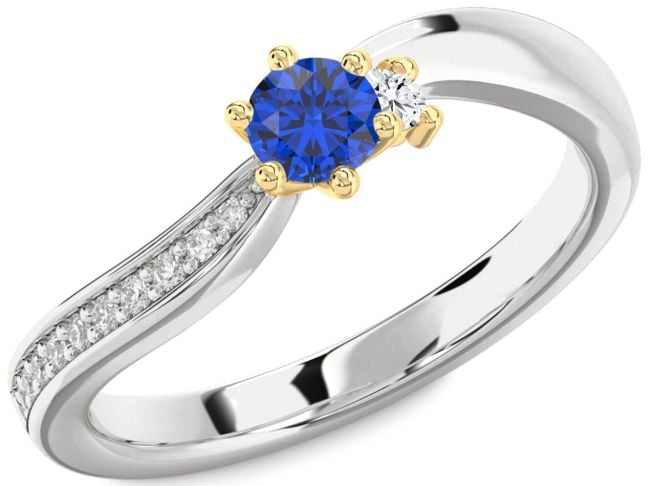 Diamond Blue Sapphire Platinum & Yellow Gold Round Pave Promise Ring