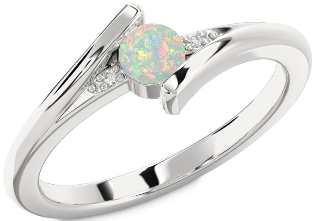 Diamond Opal Silver Round Promise Ring