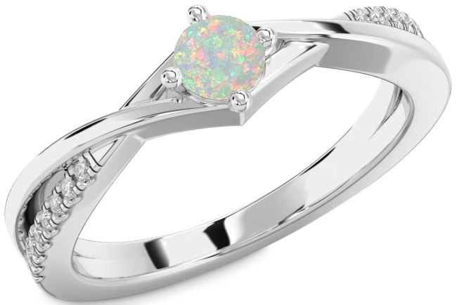 Diamond Opal Silver Round Promise Ring