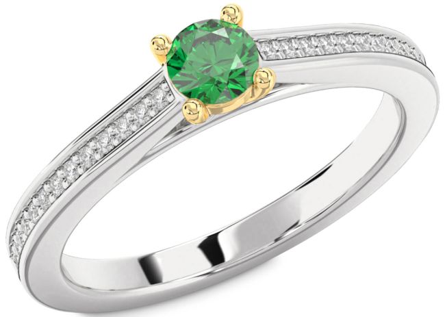 Diamond Emerald Silver & 10K gold Round Pave Promise Ring