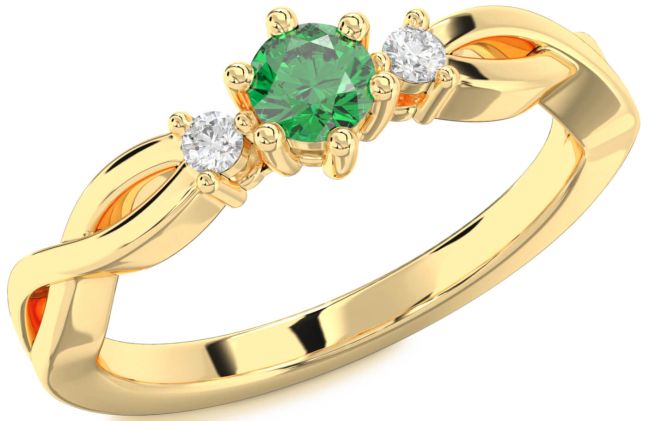 Diamond Emerald Gold Silver Knot Round Three Stone Engagement Ring