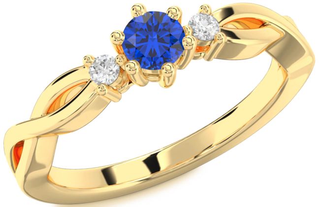 Diamond Blue Sapphire Gold Silver Knot Round Three Stone Engagement Ring