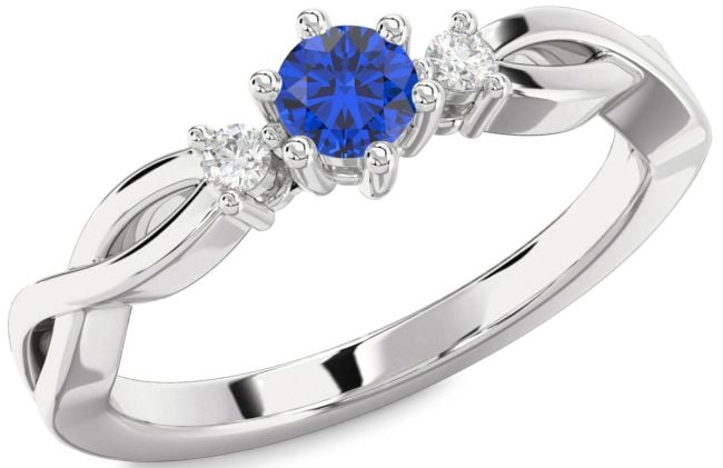 Diamond Blue Sapphire White Gold Knot Round Three Stone Engagement Ring