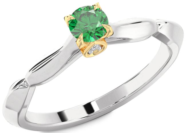Diamond Emerald Platinum & Yellow Gold Round Promise Ring