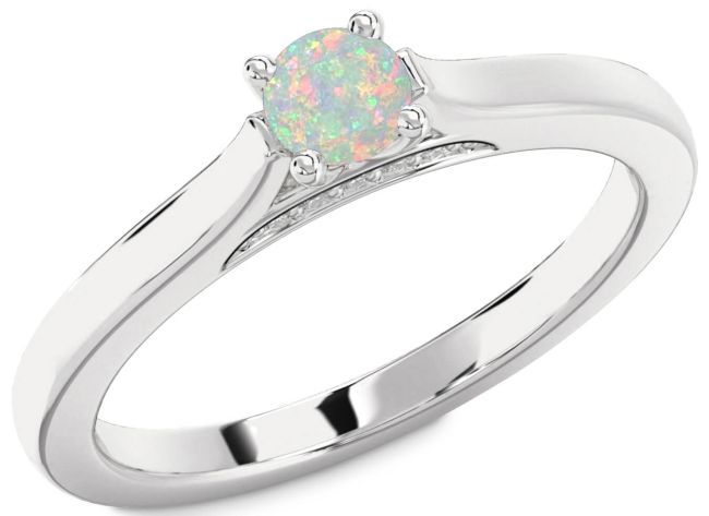 Diamond Opal Silver Round Promise Ring