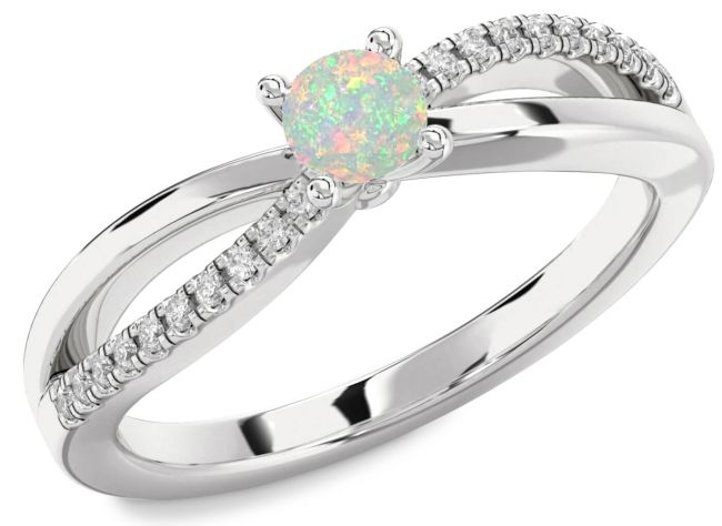 Diamond Opal Silver Round Promise Ring