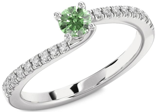 Green Diamond Silver Round Promise Ring