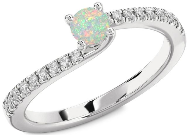 Diamond Opal Silver Round Promise Ring