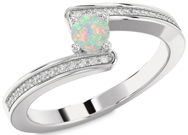 Diamond Opal Silver Round Promise Ring