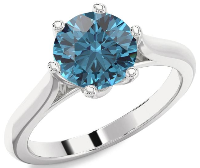 Blue Diamond Silver Round Solitaire Engagement Ring
