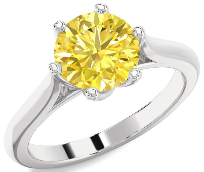 Yellow Diamond Silver Round Solitaire Engagement Ring