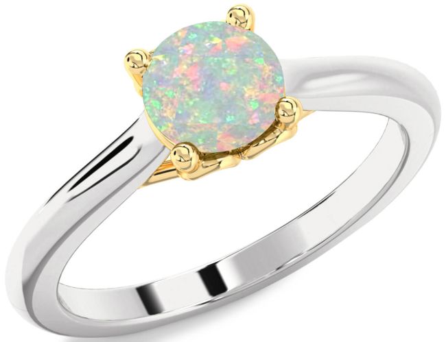 Opal Gold Silver Round Solitaire Engagement Ring