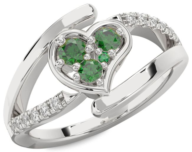 Diamond Emerald Silver Heart Promise Ring