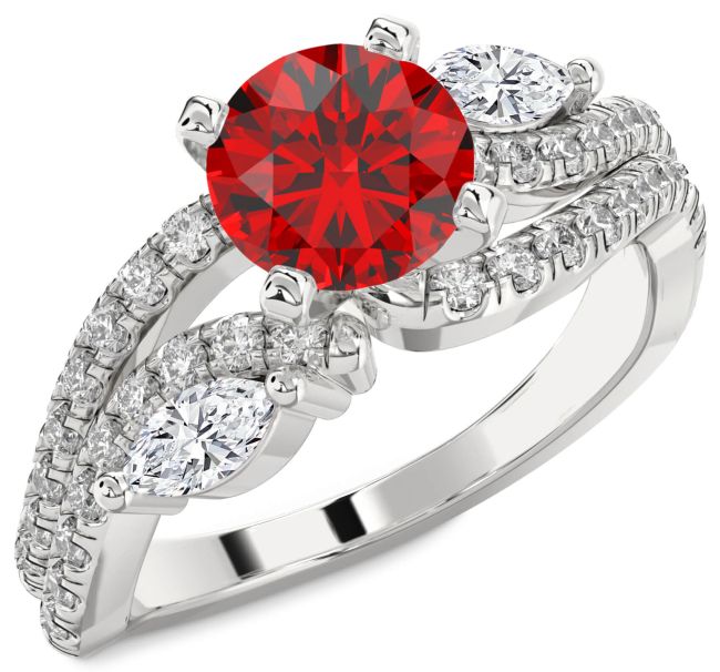 Diamond Ruby Silver Round Three Stone Pave Engagement Ring