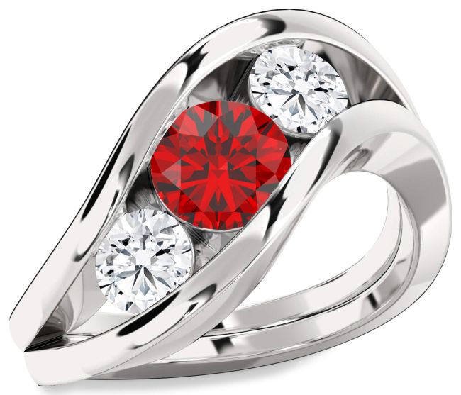 Diamond Ruby Silver Round Three Stone Engagement Ring