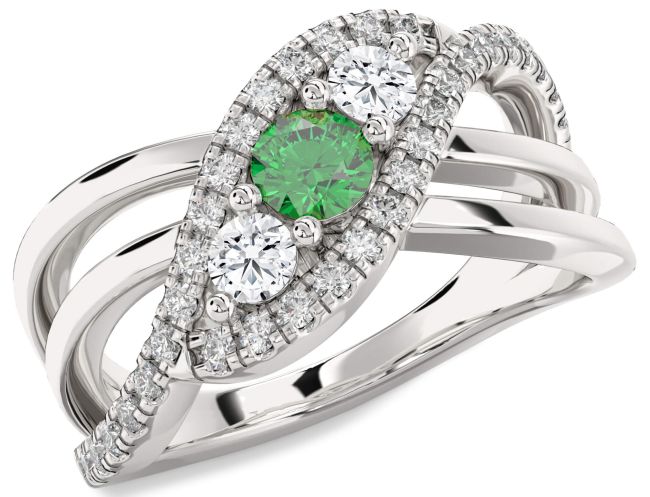 Diamond Emerald Silver Infinity Round Three Stone Pave Engagement Ring