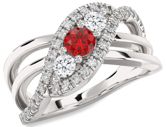 Diamond Ruby White Gold Infinity Round Three Stone Pave Engagement Ring