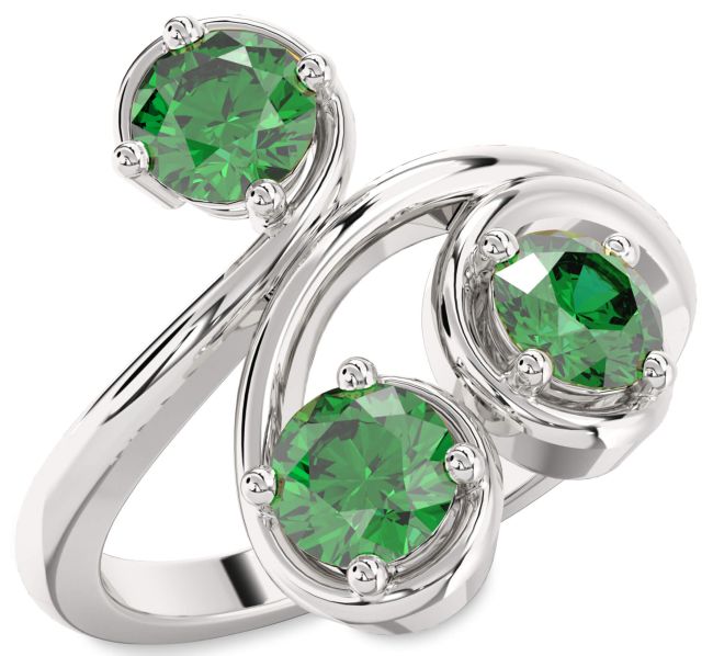 Emerald Platinum Round Three Stone Birthstone Ring