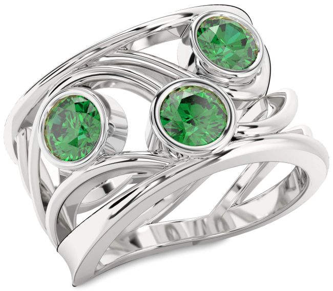 Emerald Platinum Round Three Stone Birthstone Ring