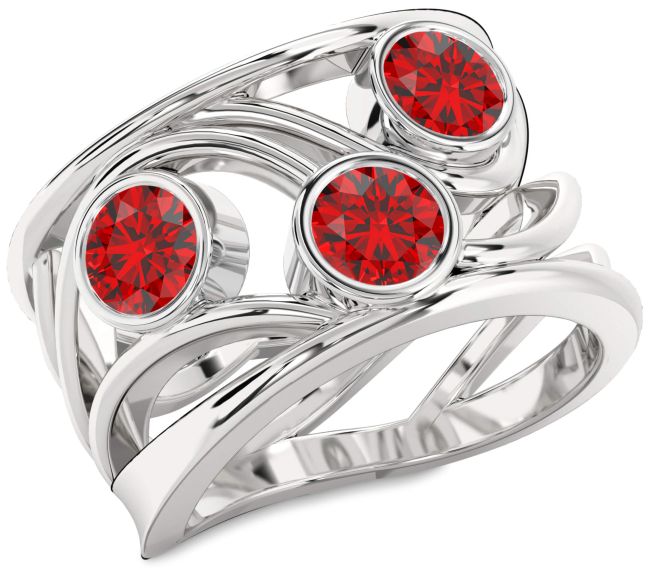 Ruby Platinum Round Three Stone Birthstone Ring