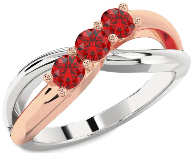 Ruby White Rose Gold Infinity Round Three Stone Birthstone Ring