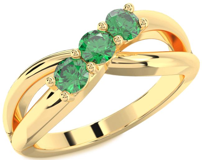 Emerald Gold Silver Infinity Round Three Stone Birthstone Ring