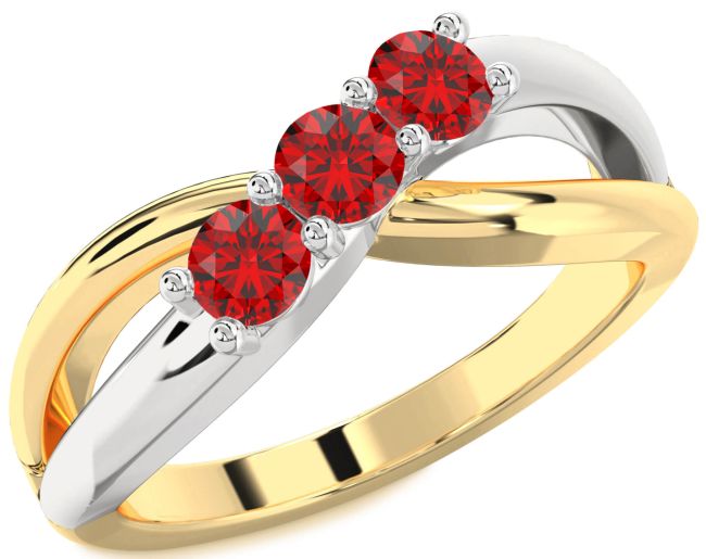 Ruby White Yellow Gold Infinity Round Three Stone Birthstone Ring