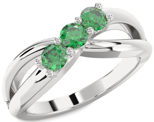 Emerald Silver Infinity Round Three Stone Birthstone Ring