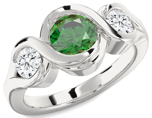 Diamond Emerald Platinum Infinity Round Three Stone Engagement Ring