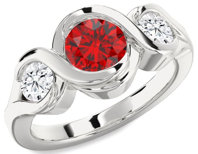Diamond Ruby Silver Infinity Round Three Stone Engagement Ring