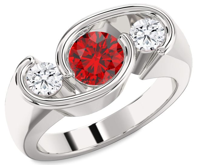 Diamond Ruby Silver Round Three Stone Engagement Ring
