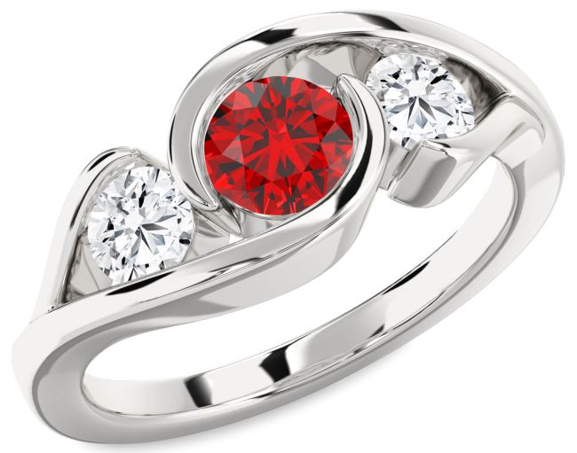 Diamond Ruby Silver Round Three Stone Engagement Ring