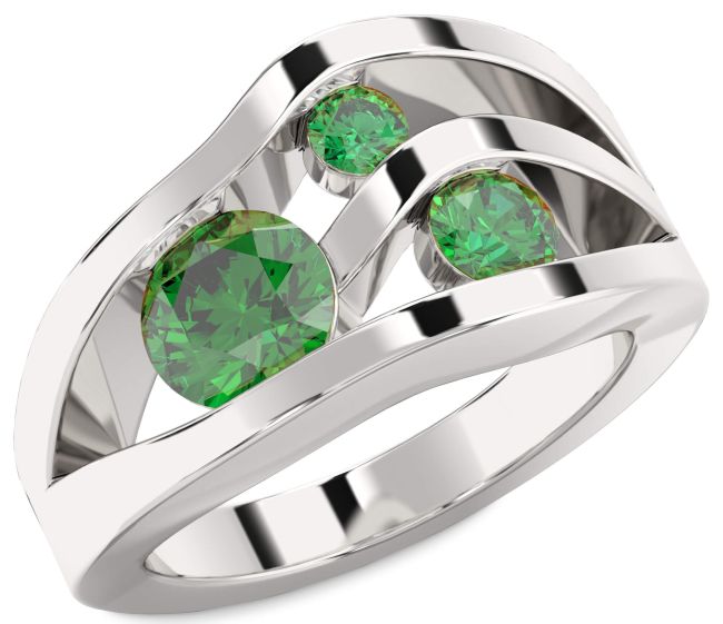 Emerald Platinum Round Three Stone Birthstone Ring
