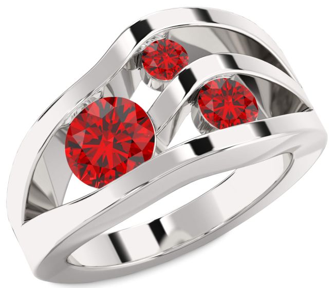 Ruby Platinum Round Three Stone Birthstone Ring