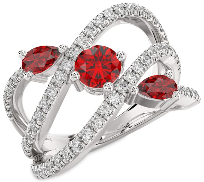 Diamond Ruby Platinum Round Three Stone Birthstone Ring